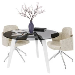 BRALCO RAIL Besprechungstisch | Rund, 1200 - 1600 Mm (4 - 6 Personen), Grau Getönte Glas-Tischplatte, Eiche-Massivholz-Gestell