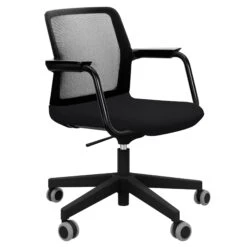 WIND Drehstuhl Rollbar | Höhenverstellbar, Netzrücken, Polyesterbezug LUCIA -Möbel Pro Verkauf Homeoffice und Konferenzdrehstuhl WIND 5 Rollen Basis schwarzer Netzruecken Kunststoff Armlehnen und Rahmen in schwarz Polyesterbezug LUCIA 24