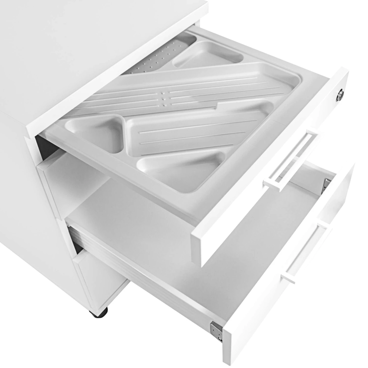 OPTIMA Rollcontainer | 3 Schubladen + 1 Kleinteilefach, 600 Mm Tief, Weiß 4 OPTIMA Rollcontainer | 3 Schubladen + 1 Kleinteilefach, 600 Mm Tief, Weiß – Bild 2