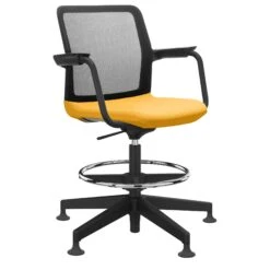 WIND Counterstuhl | 5-Stern-Basis, Fußstütze, Netzrücken, Polyesterbezug LUCIA -Möbel Pro Verkauf Schwarzer Konferenzstuhl WIND 5 Stern Basis schwarzer Netzruecken Kunststoff Armlehnen und Rahmen in schwarz verchromter Fussstuetzenring Polyesterbezug LUCIA 4